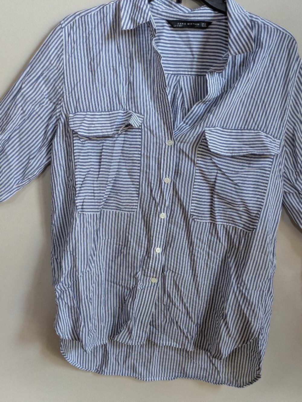 Zara woman blue white stripe lightweight button up shirt #268